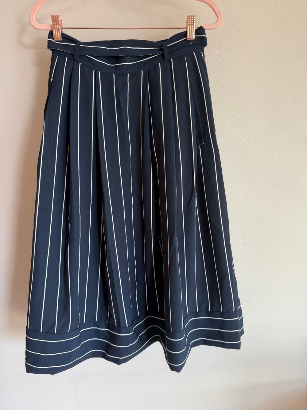 Navy Blue Pinstripe High Waisted Midi Skirt with Pockets and Tie Belt
